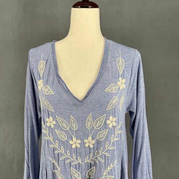 The Pyramid Collection Floral Embroidered 3/4 Sleeve V Neck Tunic M Blue Boho - Picture 5 of 11